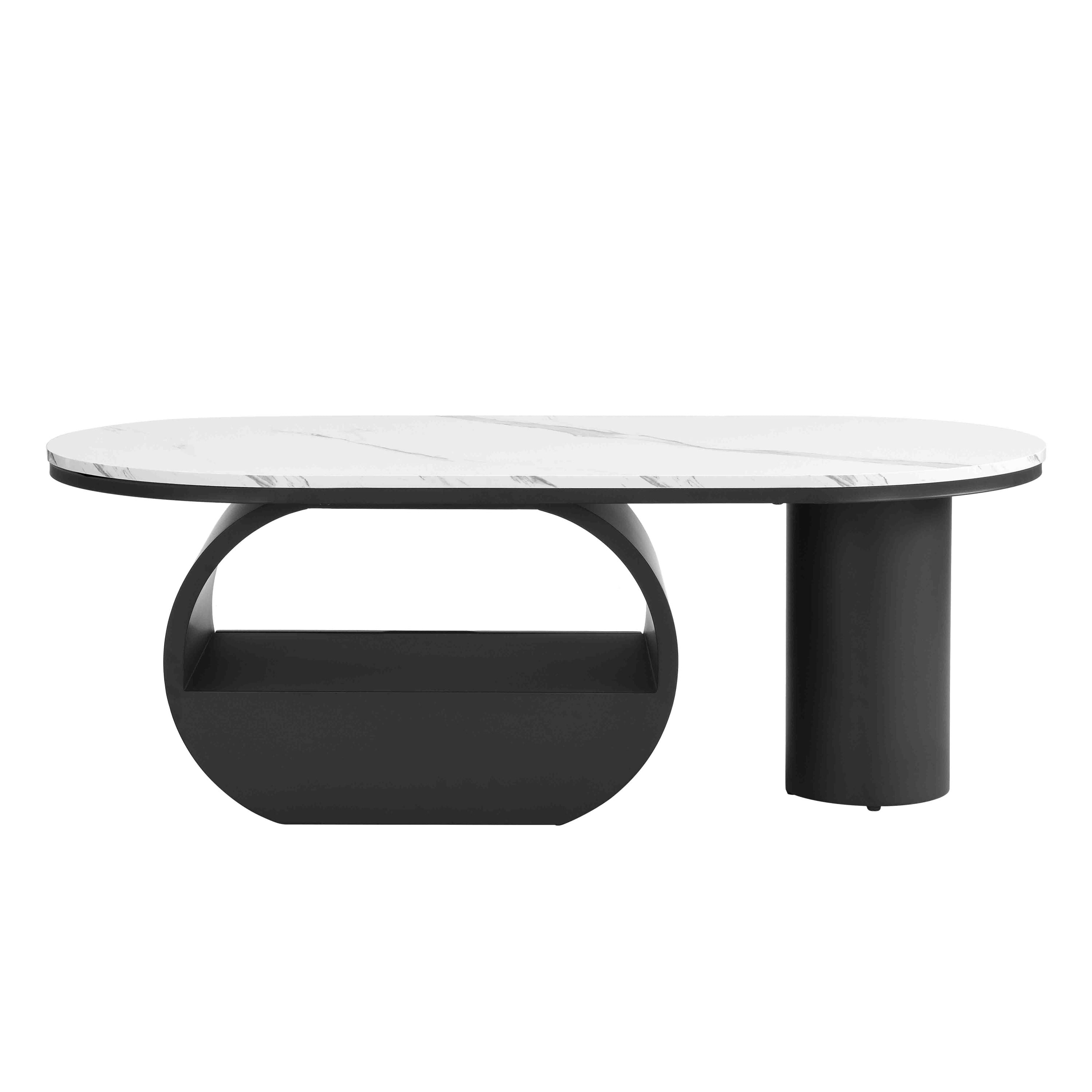 Luxury Modern Oval Coffee Table, 47.24'' Coffee Table with Storage Drawer, Faux Marble Top, Black Metal Center Table for Living Room