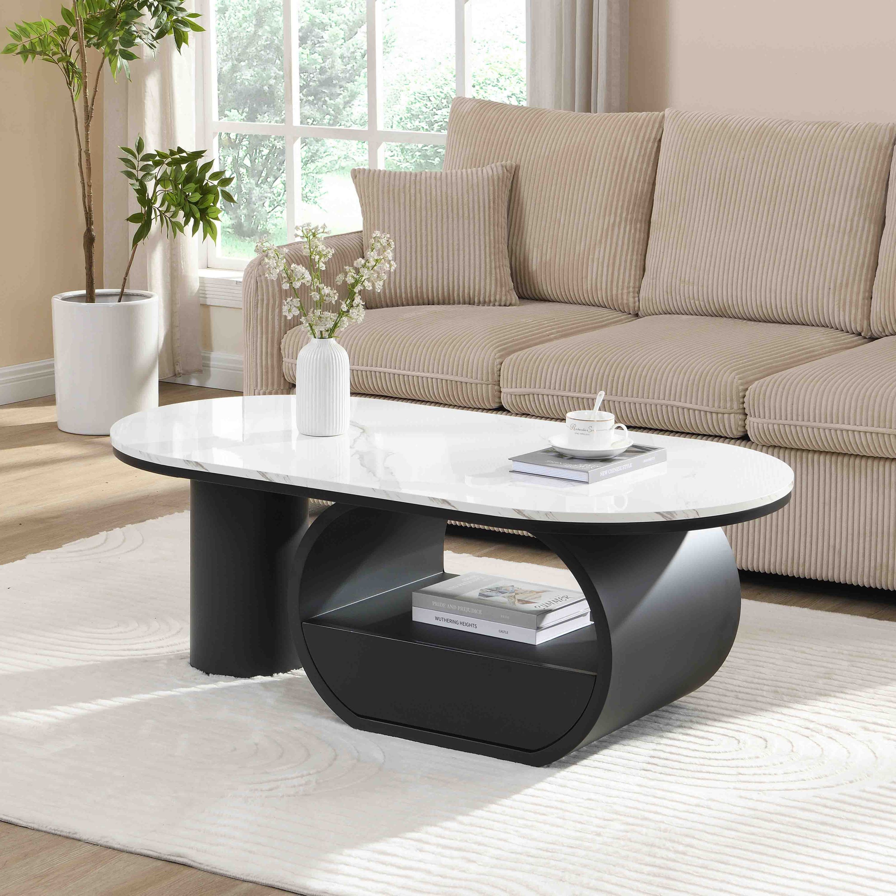 Luxury Modern Oval Coffee Table, 47.24'' Coffee Table with Storage Drawer, Faux Marble Top, Black Metal Center Table for Living Room