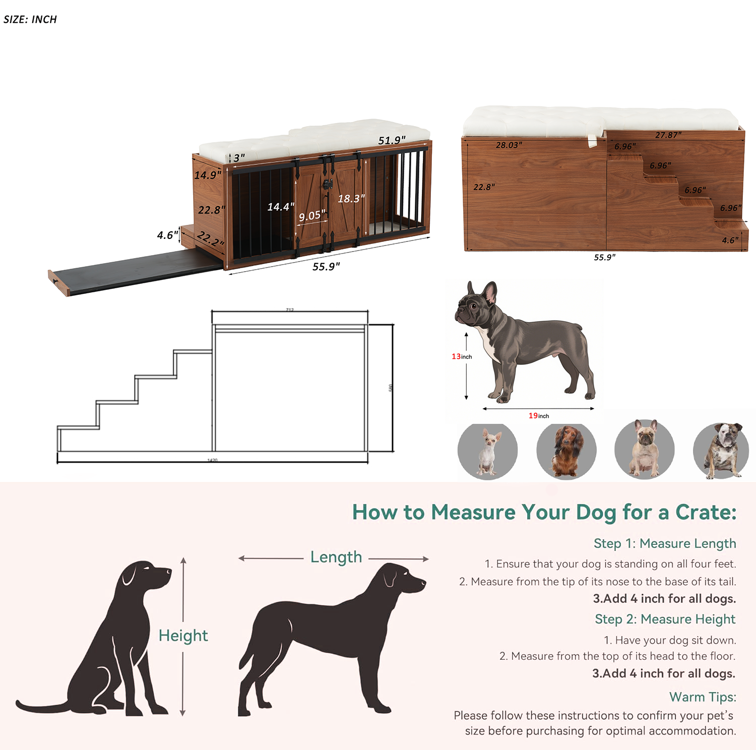 56'L, Furniture Style 2 in 1 Dog Crate with Padded Seat, Sliding Barn Door, Luxury Wooden Dog Kennel, End of Bed Bench Ottoman with Removable Cushion for Bedroom, Living Room, Walnut