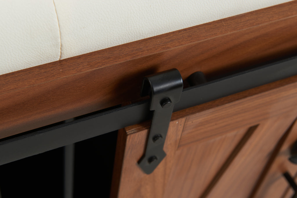 56'L, Furniture Style 2 in 1 Dog Crate with Padded Seat, Sliding Barn Door, Luxury Wooden Dog Kennel, End of Bed Bench Ottoman with Removable Cushion for Bedroom, Living Room, Walnut