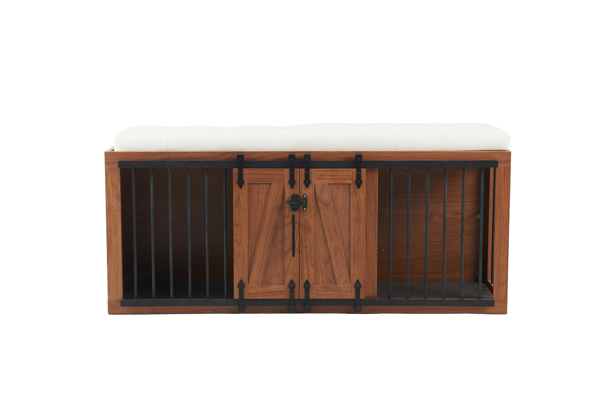56'L, Furniture Style 2 in 1 Dog Crate with Padded Seat, Sliding Barn Door, Luxury Wooden Dog Kennel, End of Bed Bench Ottoman with Removable Cushion for Bedroom, Living Room, Walnut