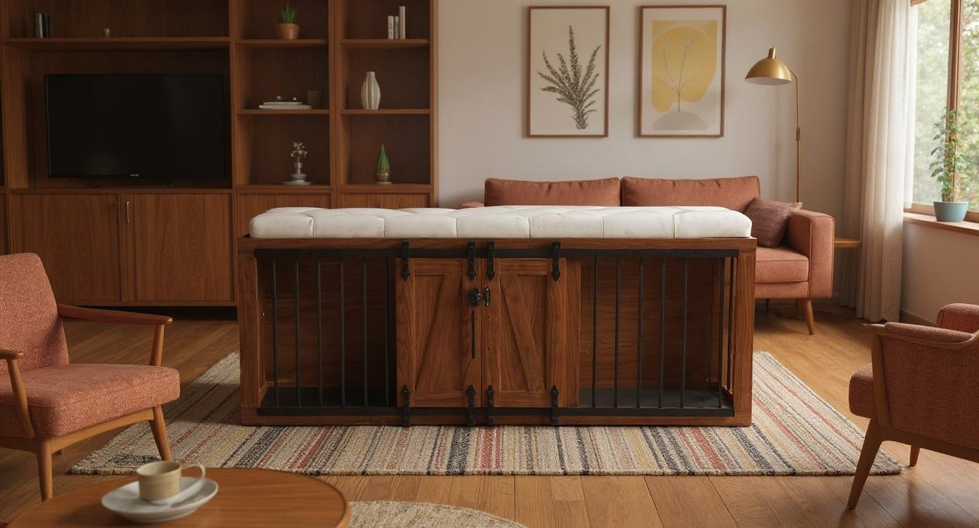 56'L, Furniture Style 2 in 1 Dog Crate with Padded Seat, Sliding Barn Door, Luxury Wooden Dog Kennel, End of Bed Bench Ottoman with Removable Cushion for Bedroom, Living Room, Walnut