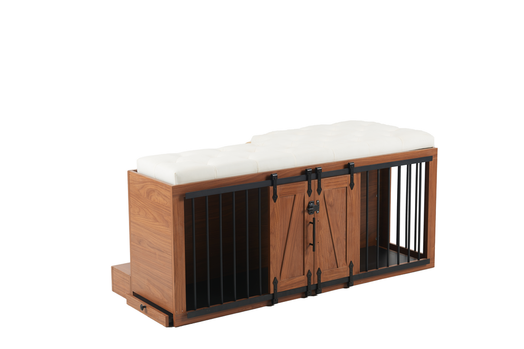56'L, Furniture Style 2 in 1 Dog Crate with Padded Seat, Sliding Barn Door, Luxury Wooden Dog Kennel, End of Bed Bench Ottoman with Removable Cushion for Bedroom, Living Room, Walnut