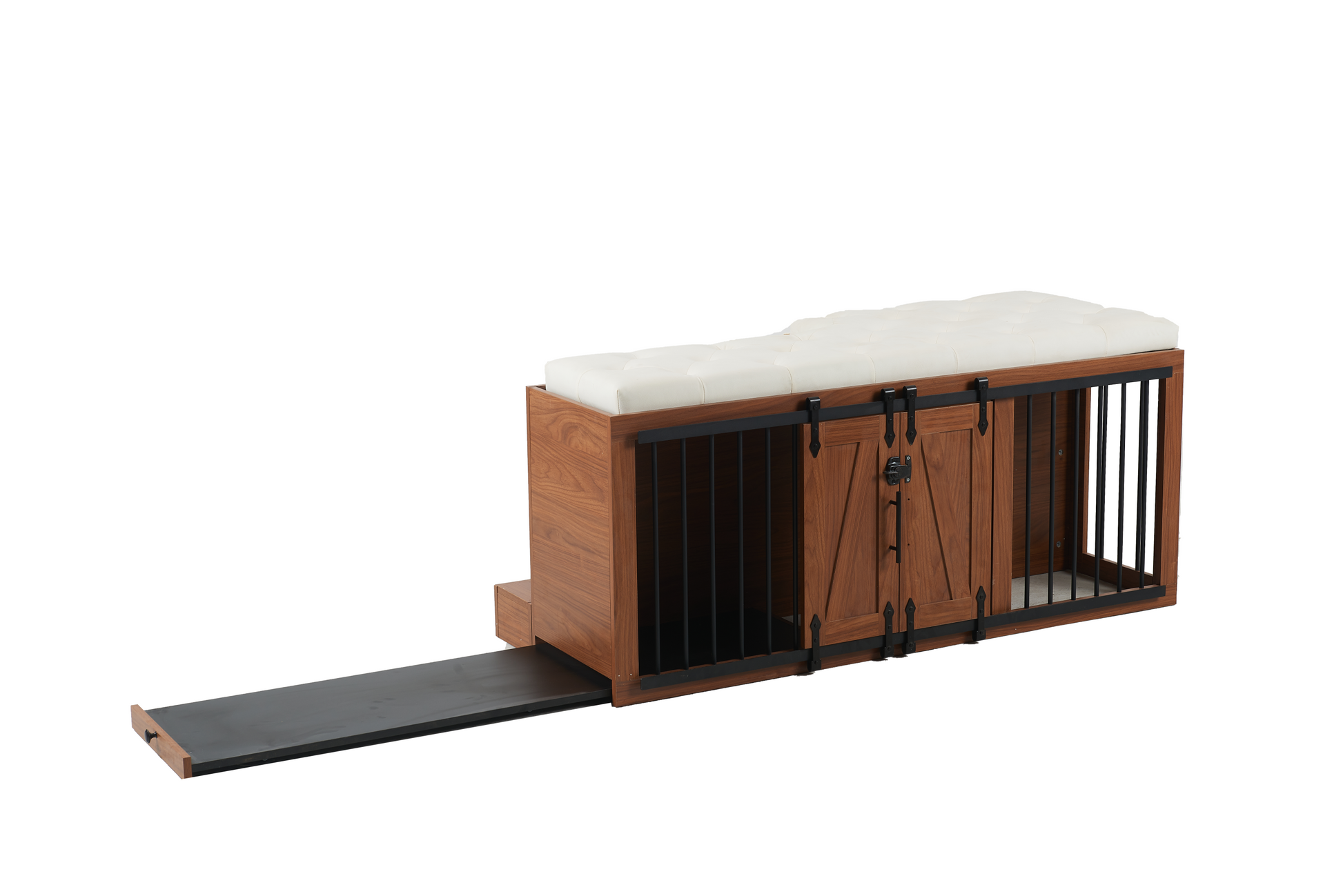 56'L, Furniture Style 2 in 1 Dog Crate with Padded Seat, Sliding Barn Door, Luxury Wooden Dog Kennel, End of Bed Bench Ottoman with Removable Cushion for Bedroom, Living Room, Walnut