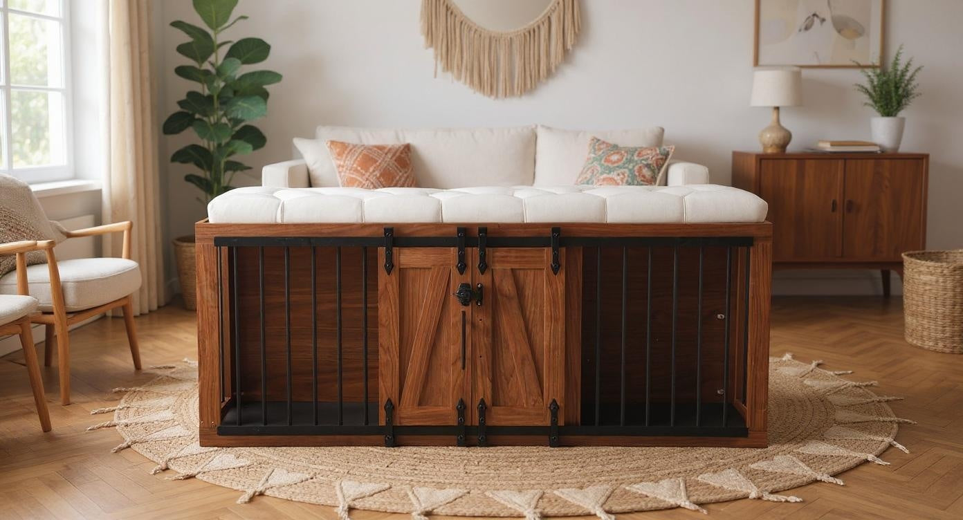 56'L, Furniture Style 2 in 1 Dog Crate with Padded Seat, Sliding Barn Door, Luxury Wooden Dog Kennel, End of Bed Bench Ottoman with Removable Cushion for Bedroom, Living Room, Walnut