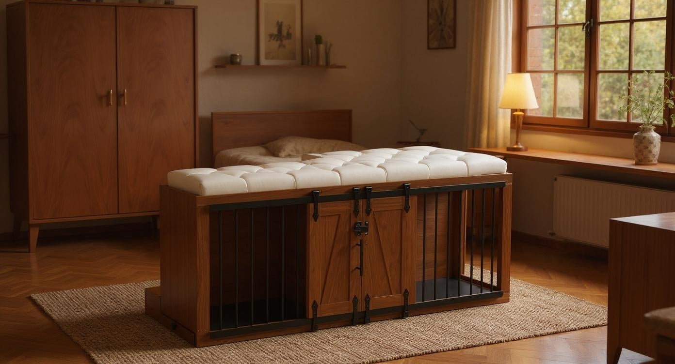 56'L, Furniture Style 2 in 1 Dog Crate with Padded Seat, Sliding Barn Door, Luxury Wooden Dog Kennel, End of Bed Bench Ottoman with Removable Cushion for Bedroom, Living Room, Walnut