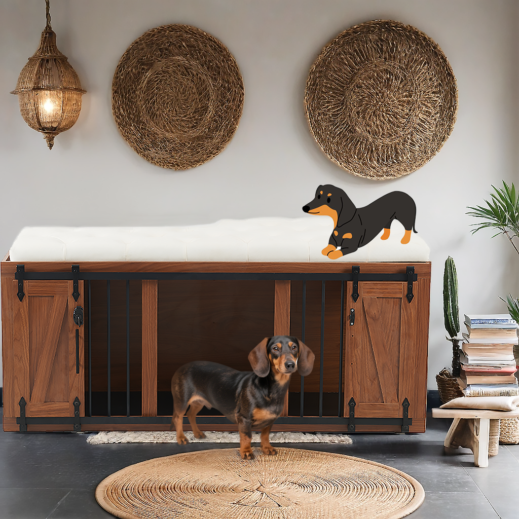 56'L, Furniture Style 2 in 1 Dog Crate with Padded Seat, Sliding Barn Door, Luxury Wooden Dog Kennel, End of Bed Bench Ottoman with Removable Cushion for Bedroom, Living Room, Walnut