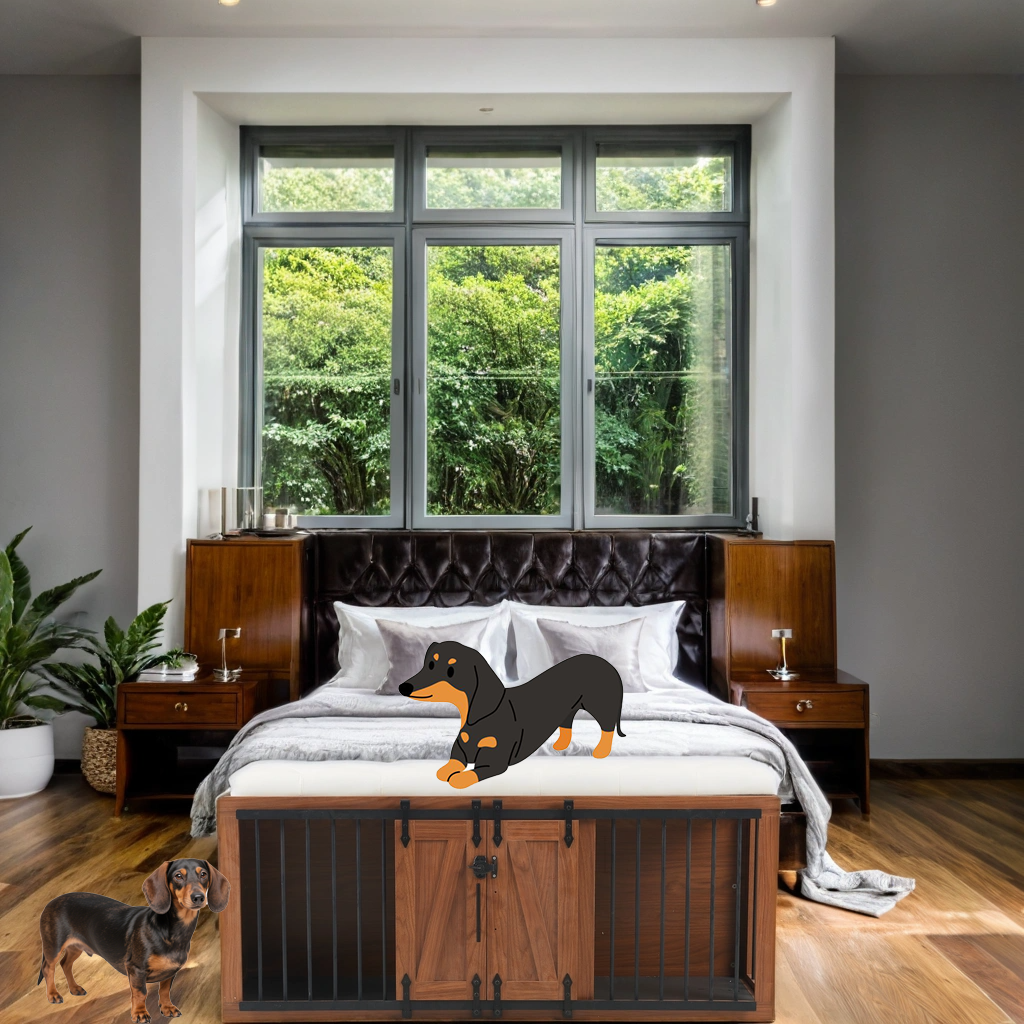 56'L, Furniture Style 2 in 1 Dog Crate with Padded Seat, Sliding Barn Door, Luxury Wooden Dog Kennel, End of Bed Bench Ottoman with Removable Cushion for Bedroom, Living Room, Walnut