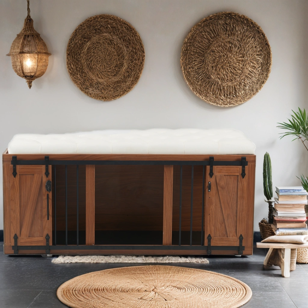 56'L, Furniture Style 2 in 1 Dog Crate with Padded Seat, Sliding Barn Door, Luxury Wooden Dog Kennel, End of Bed Bench Ottoman with Removable Cushion for Bedroom, Living Room, Walnut