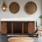 56'L, Furniture Style 2 in 1 Dog Crate with Padded Seat, Sliding Barn Door, Luxury Wooden Dog Kennel, End of Bed Bench Ottoman with Removable Cushion for Bedroom, Living Room, Walnut