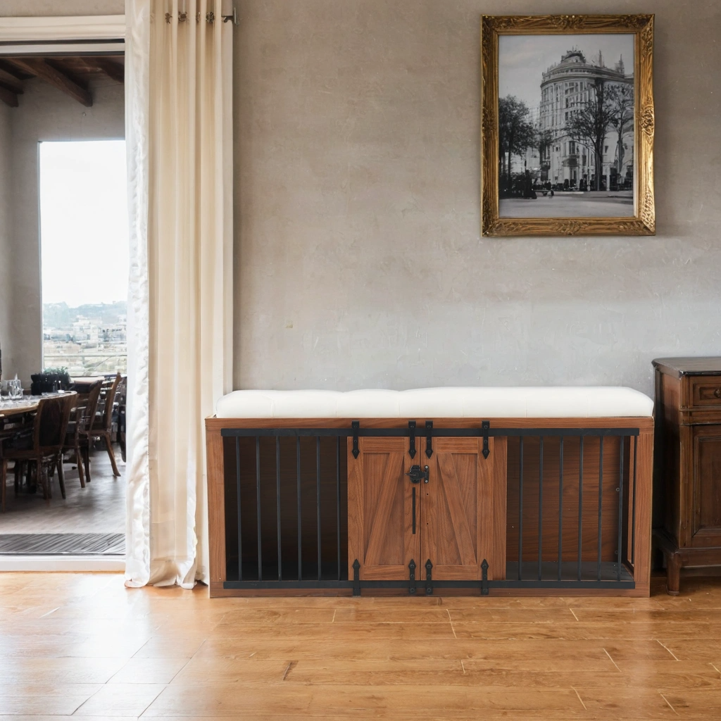56'L, Furniture Style 2 in 1 Dog Crate with Padded Seat, Sliding Barn Door, Luxury Wooden Dog Kennel, End of Bed Bench Ottoman with Removable Cushion for Bedroom, Living Room, Walnut