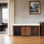 56'L, Furniture Style 2 in 1 Dog Crate with Padded Seat, Sliding Barn Door, Luxury Wooden Dog Kennel, End of Bed Bench Ottoman with Removable Cushion for Bedroom, Living Room, Walnut