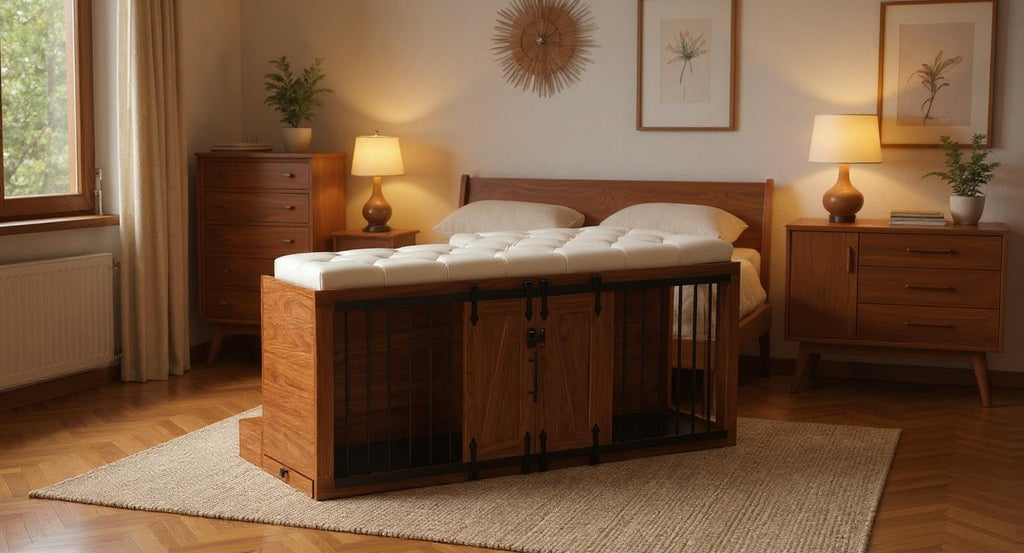 56'L, Furniture Style 2 in 1 Dog Crate with Padded Seat, Sliding Barn Door, Luxury Wooden Dog Kennel, End of Bed Bench Ottoman with Removable Cushion for Bedroom, Living Room, Walnut