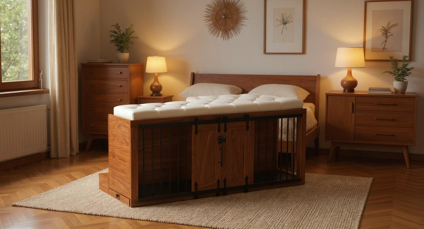 56'L, Furniture Style 2 in 1 Dog Crate with Padded Seat, Sliding Barn Door, Luxury Wooden Dog Kennel, End of Bed Bench Ottoman with Removable Cushion for Bedroom, Living Room, Walnut