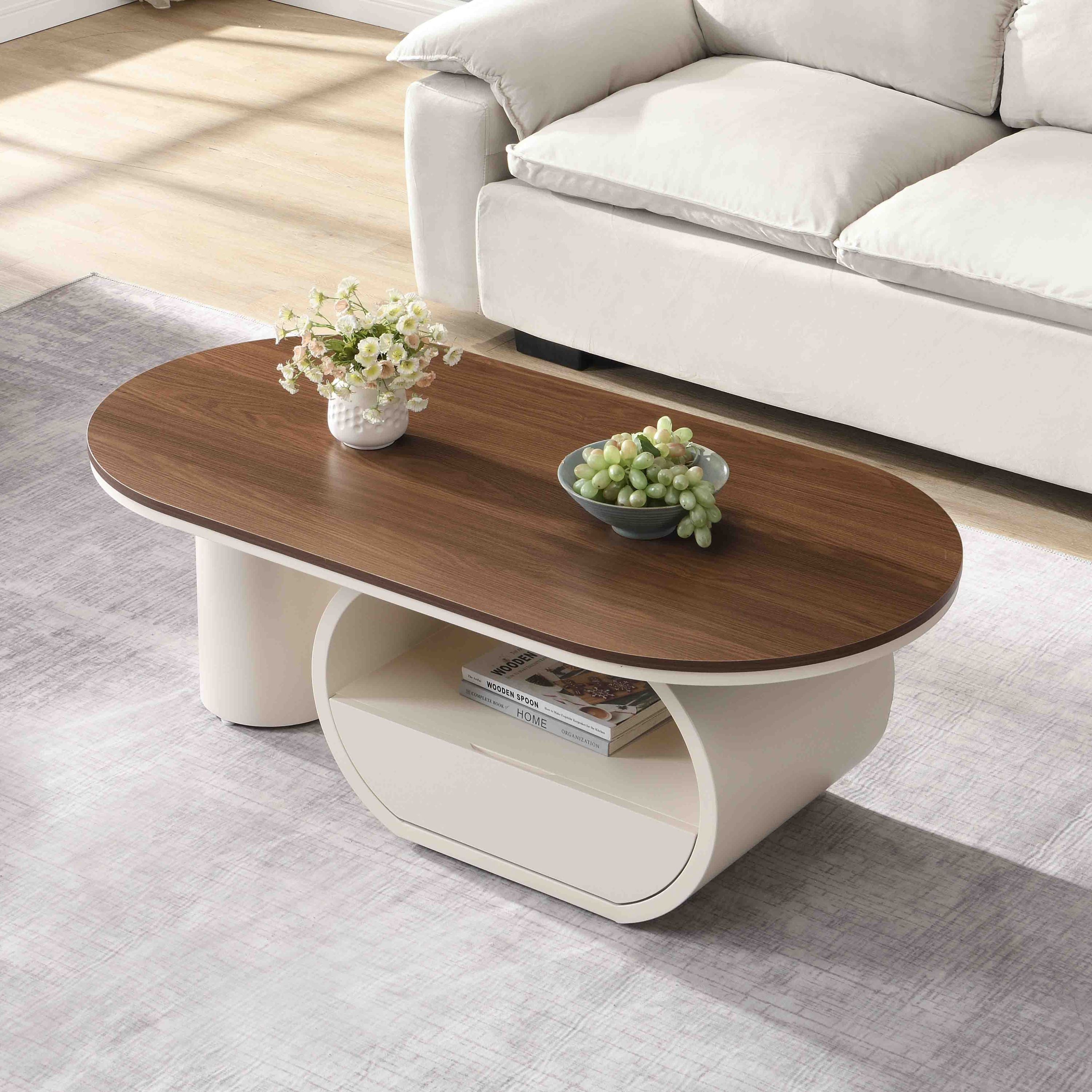 Luxury Oval Coffee Table, 47.24'' Coffee Table with Storage Drawer, White Metal Center Table for Living Room