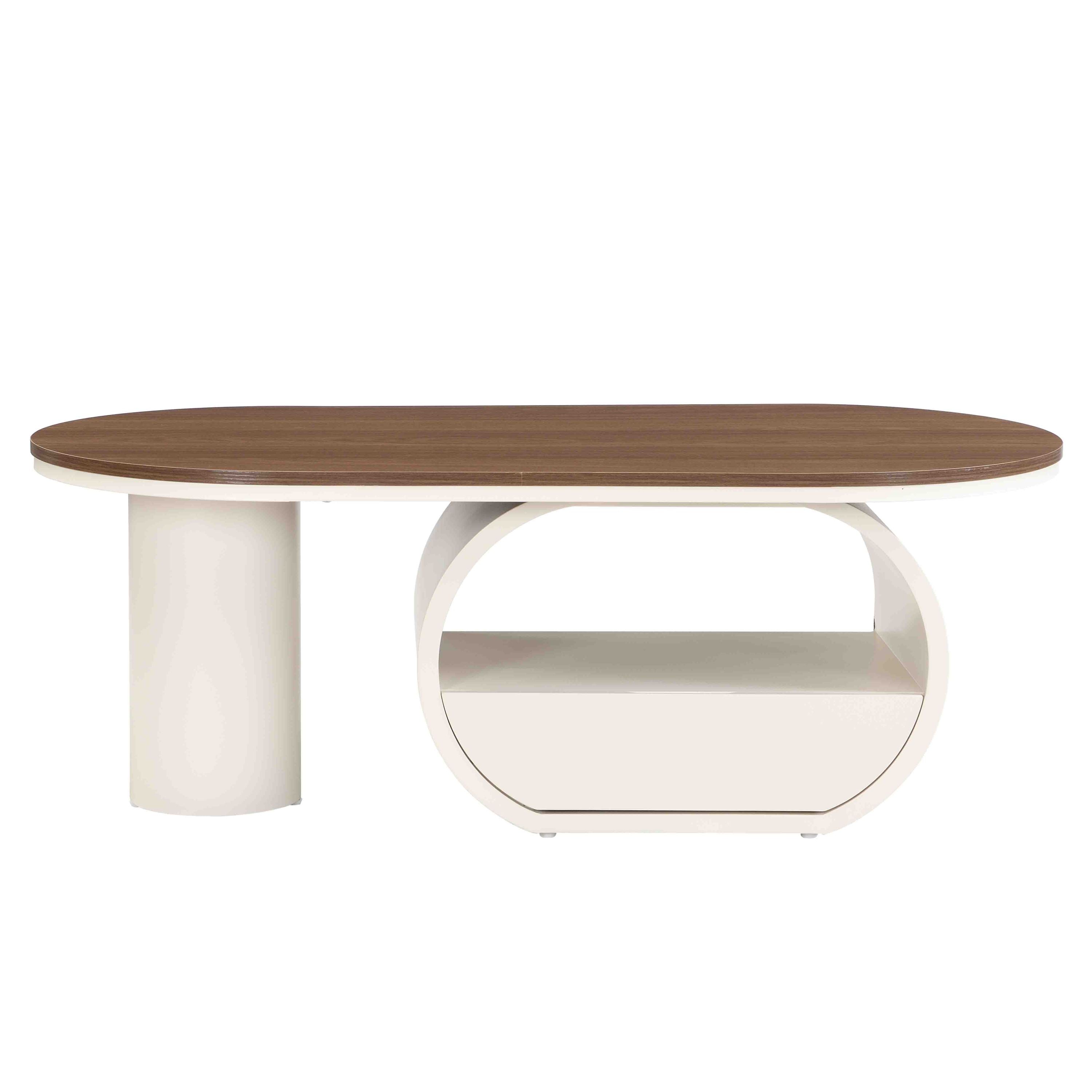 Luxury Oval Coffee Table, 47.24'' Coffee Table with Storage Drawer, White Metal Center Table for Living Room