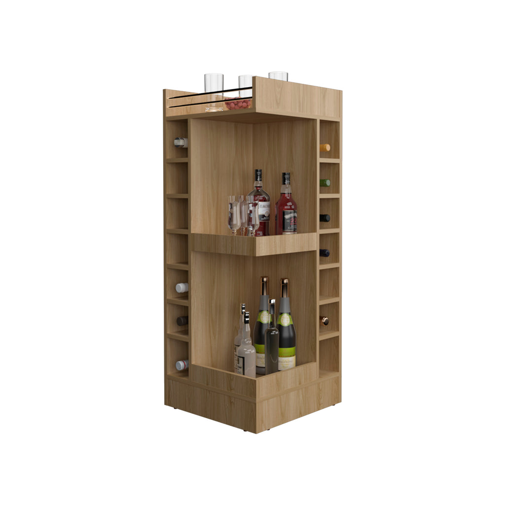 Lyman 46 Tall 3-Tier Corner Bar Cabinet with Fourteen Wine Bottle Cubbies, Living Room, Liquor Cabinet, Storage Cabinet Light Oak