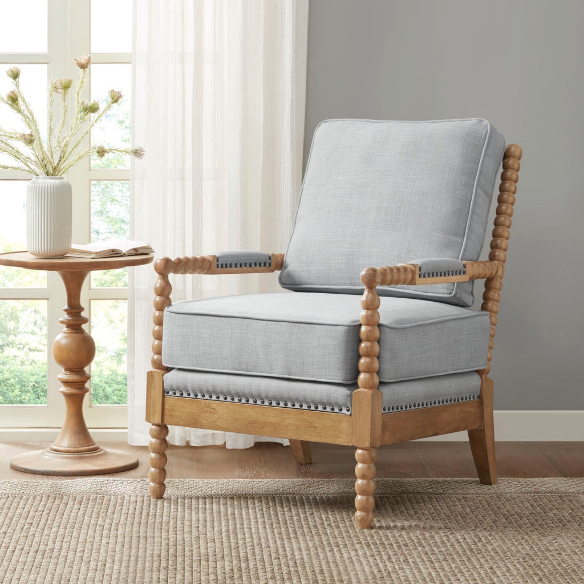 The Arm Chair with Padded Armrests in Dusty Blue Polyester and Camel Oak Finish Accent Chair