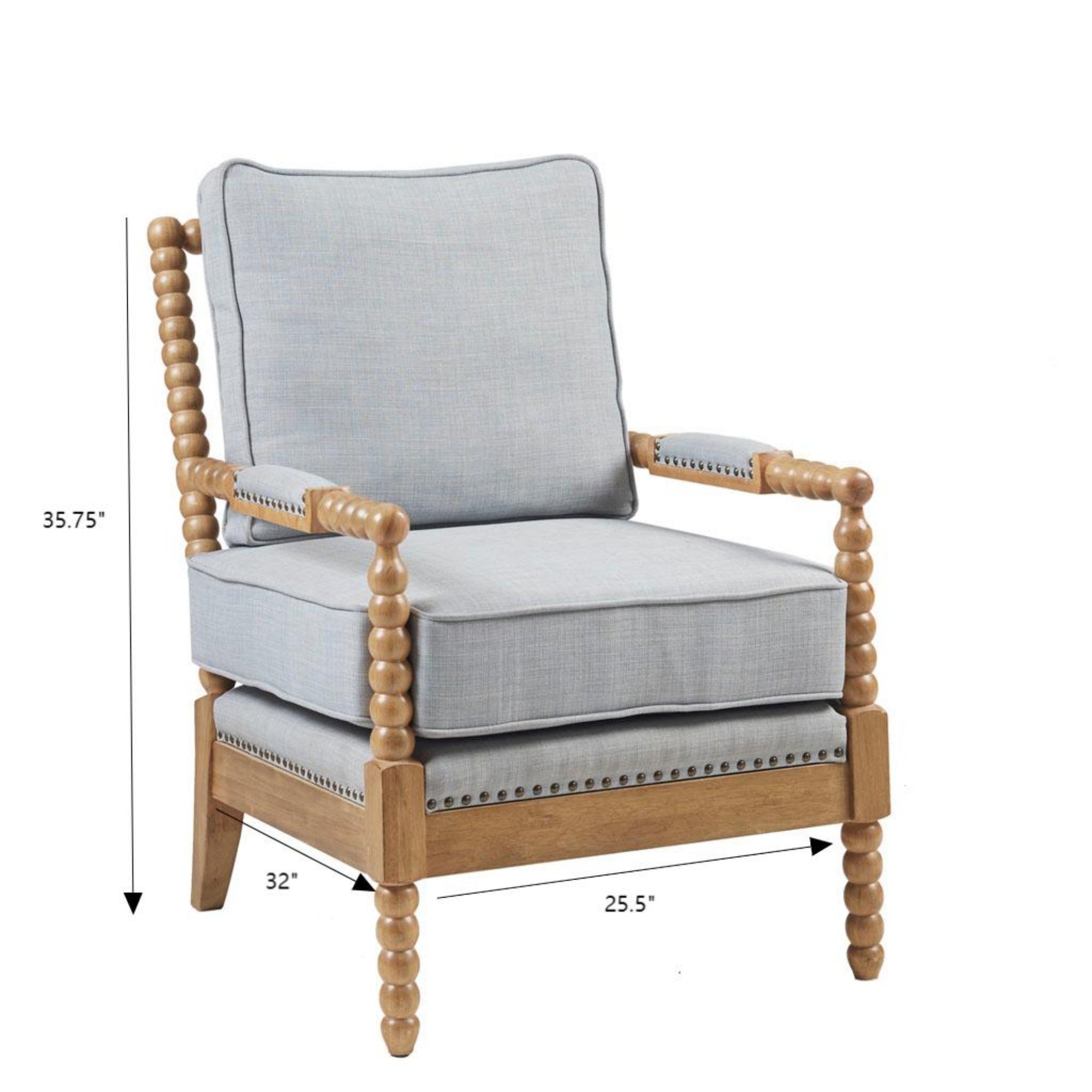 The Arm Chair with Padded Armrests in Dusty Blue Polyester and Camel Oak Finish Accent Chair