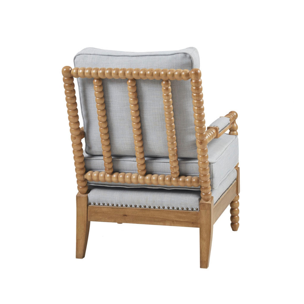 The Arm Chair with Padded Armrests in Dusty Blue Polyester and Camel Oak Finish Accent Chair
