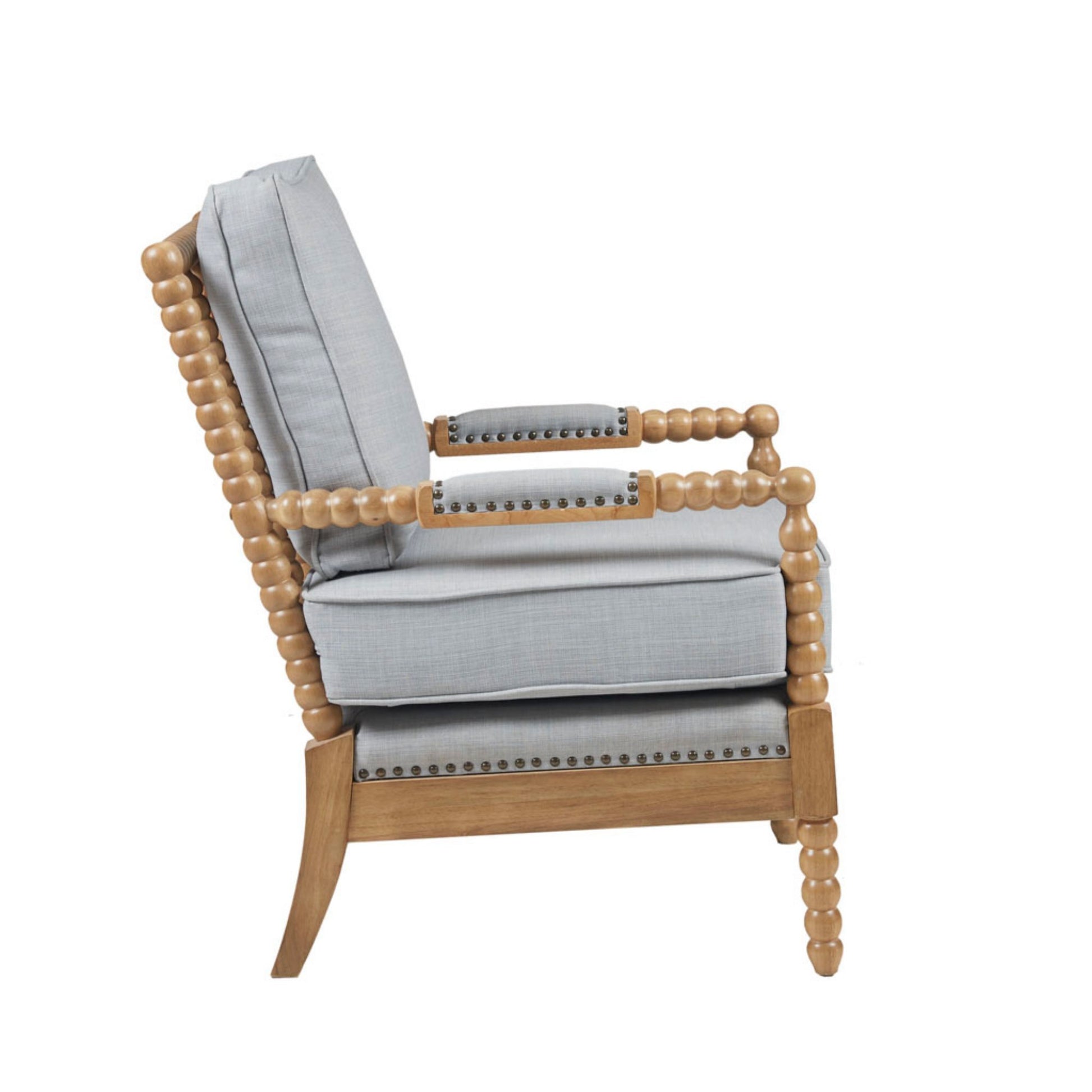 The Arm Chair with Padded Armrests in Dusty Blue Polyester and Camel Oak Finish Accent Chair