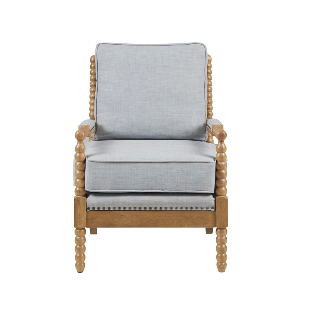 The Arm Chair with Padded Armrests in Dusty Blue Polyester and Camel Oak Finish Accent Chair