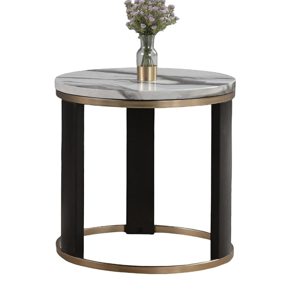 Contemporary Style Round End Table Marble Top Gold Rings Wooden Legs Gold White And Black Finish End Table
