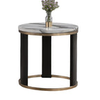 Contemporary Style Round End Table Marble Top Gold Rings Wooden Legs Gold White And Black Finish End Table