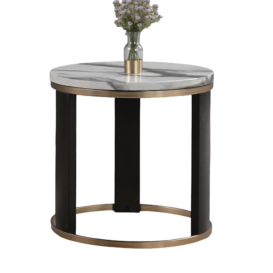 Contemporary Style Round End Table Marble Top Gold Rings Wooden Legs Gold White And Black Finish End Table