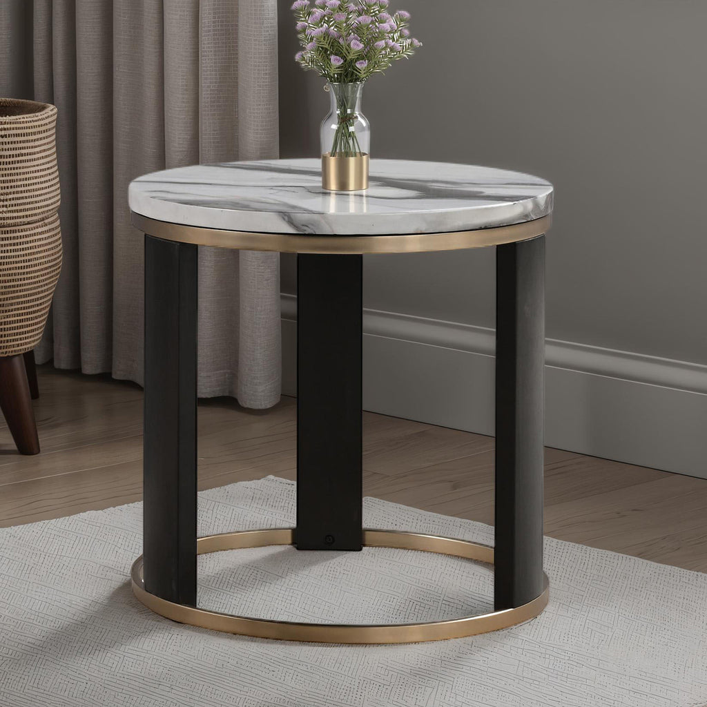 Contemporary Style Round End Table Marble Top Gold Rings Wooden Legs Gold White And Black Finish End Table
