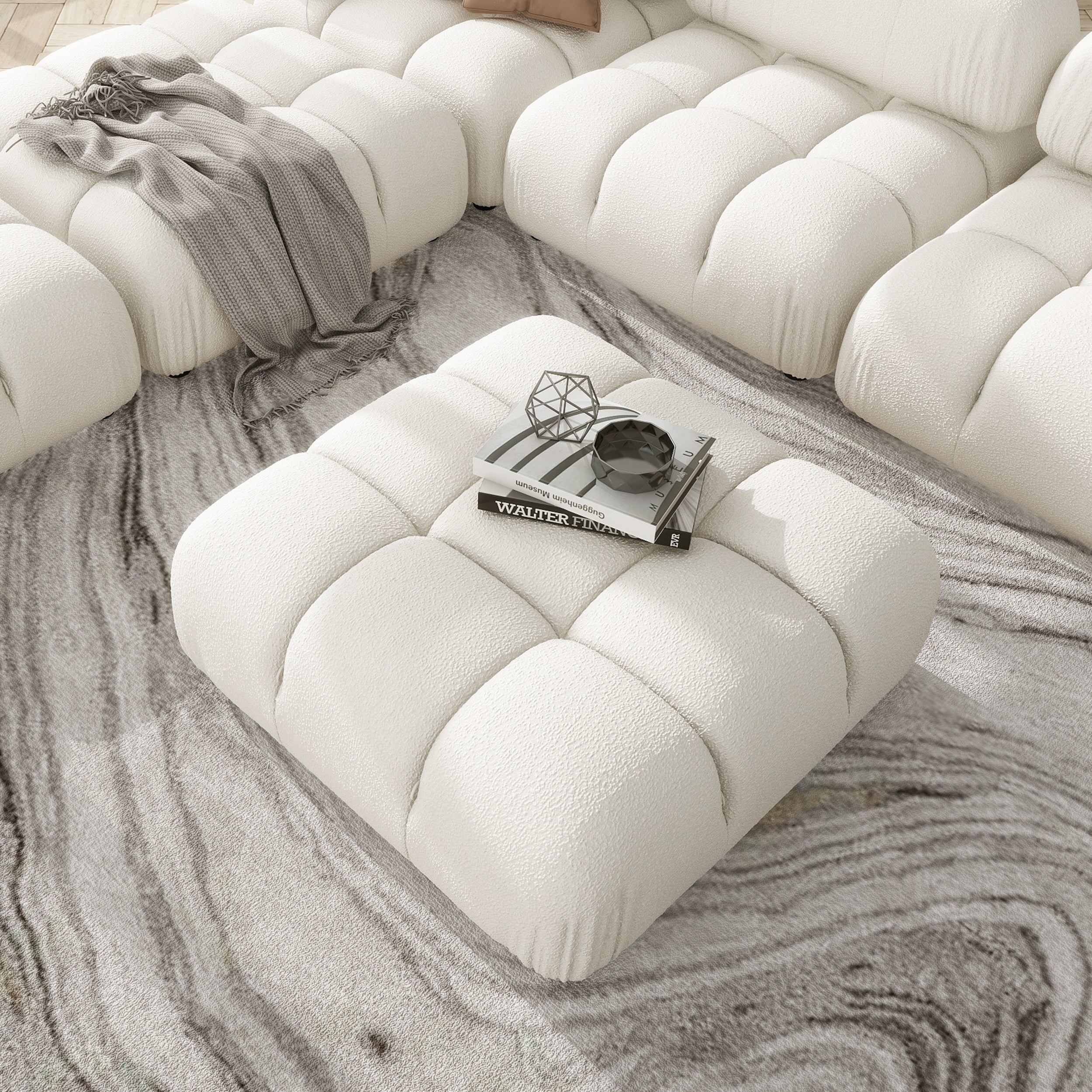 Marcel 36' Bubble Modular Modern Cocktail Ottoman, Ivory White Boucle
