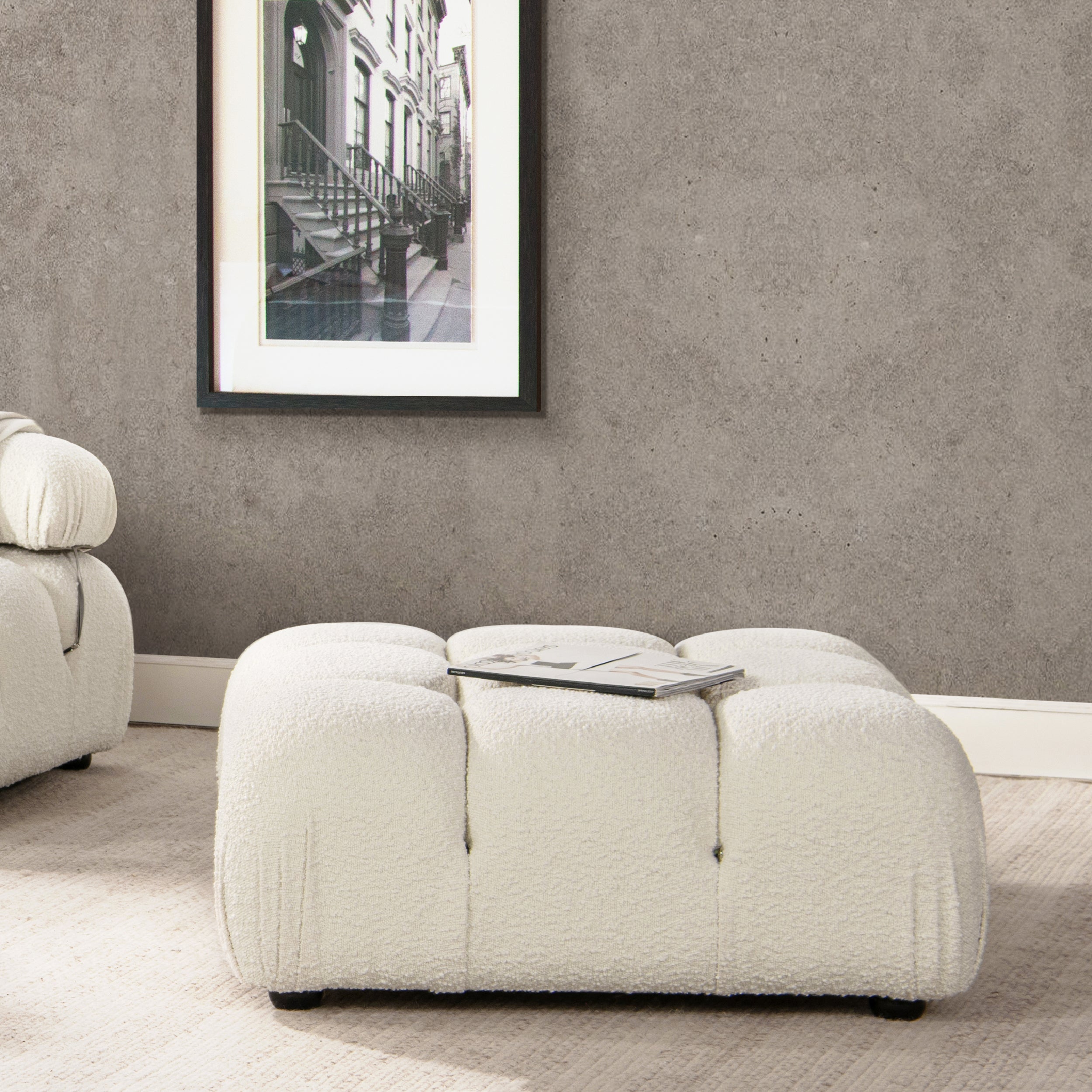 Marcel 36' Bubble Modular Modern Cocktail Ottoman, Ivory White Boucle