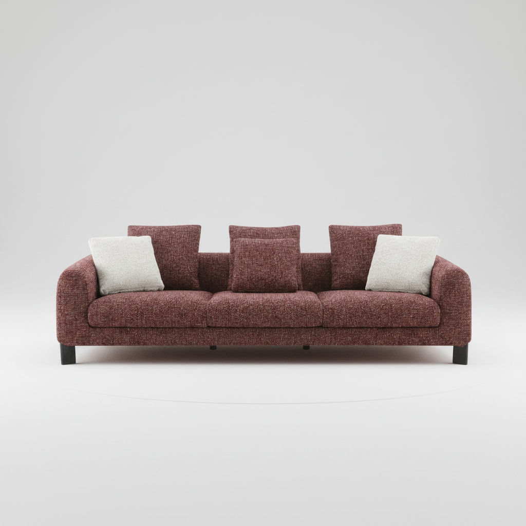 Maroon and Cream sofa with cushions on a white background