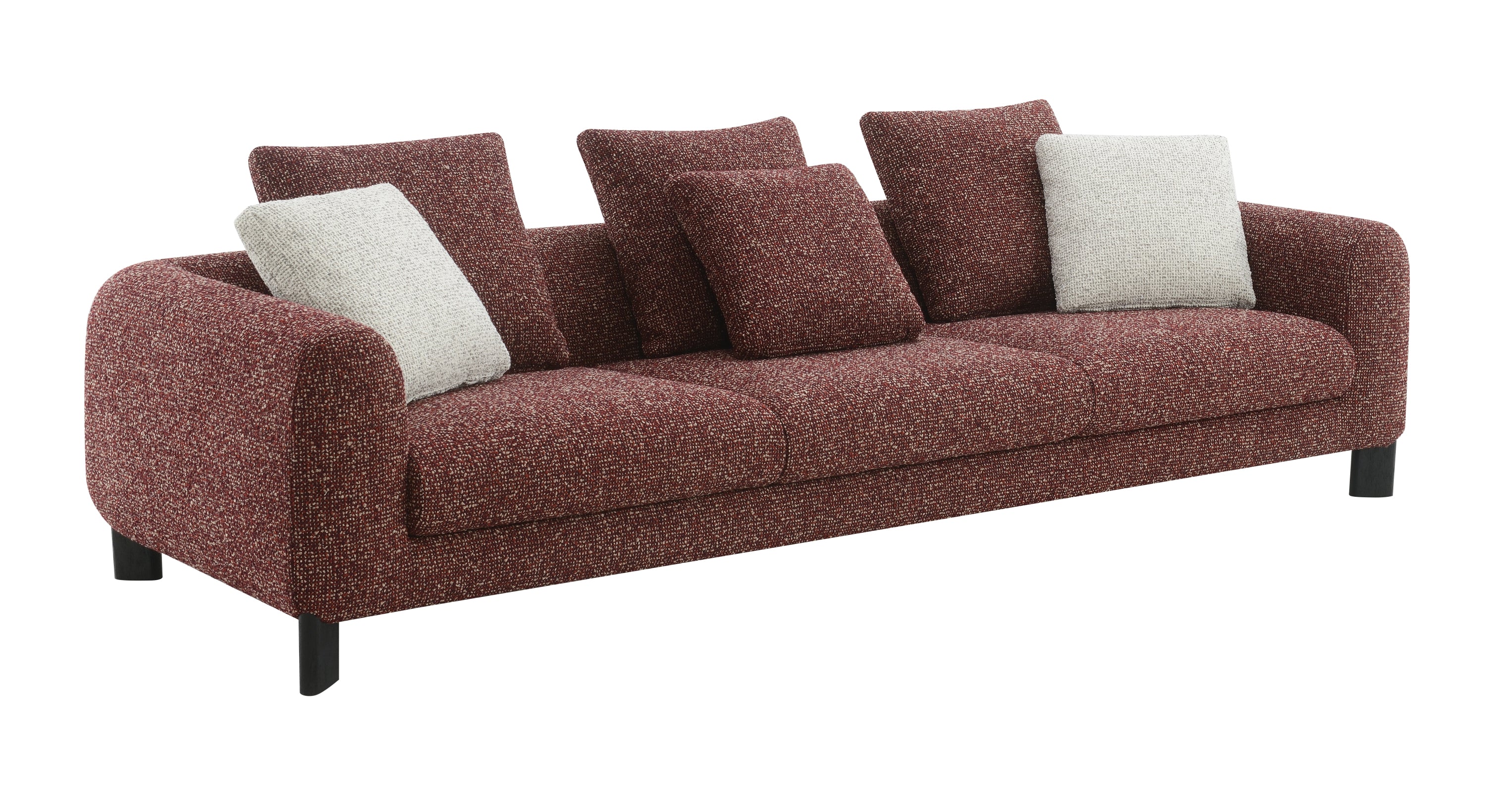 Maroon and cream sofa with patterned cushions on a white background