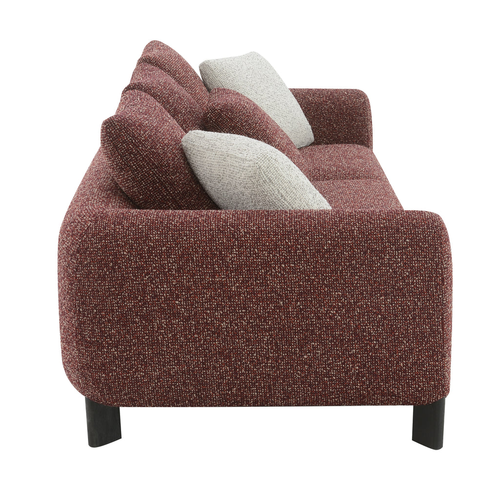 Maroon and Cream textured sofa with two gray cushions on a white background