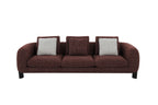 Brown and cream sofa with gray cushions on a white background
