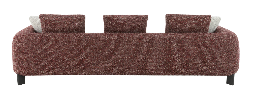 Maroon and cream sofa with three cushions on a white background