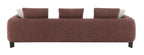 Maroon and cream sofa with three cushions on a white background