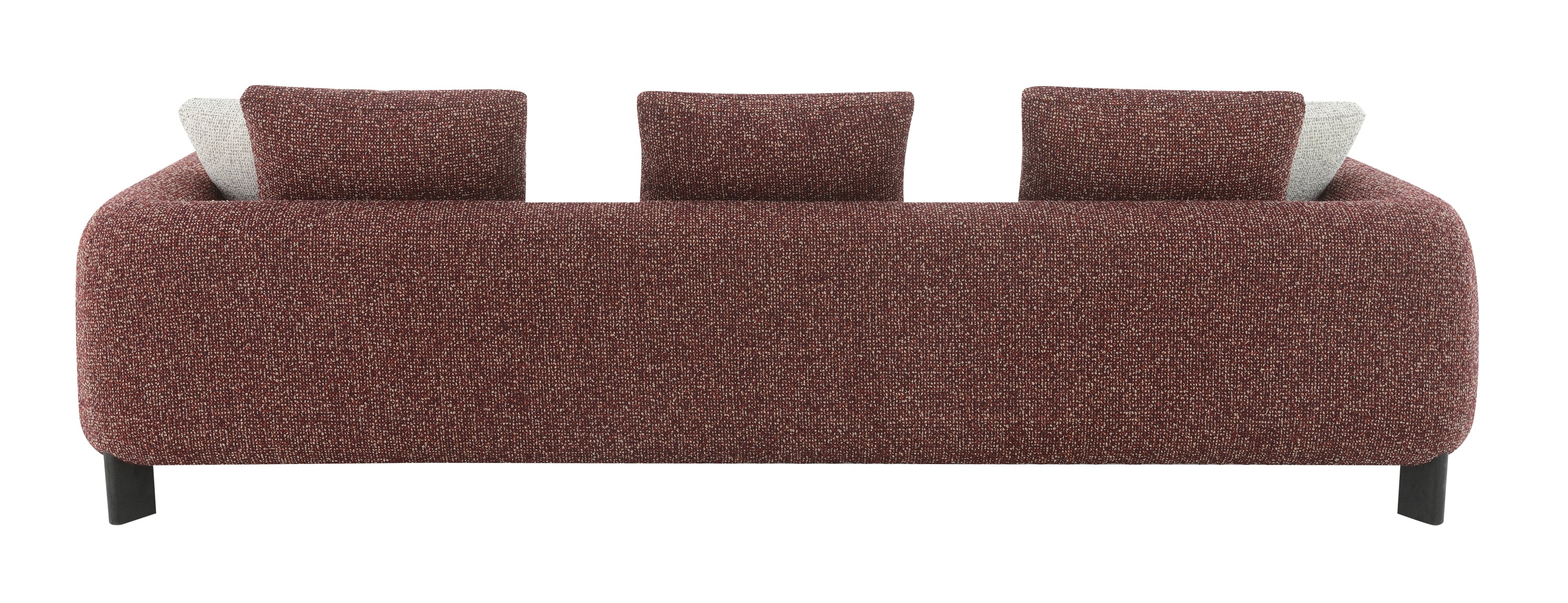 Maroon and cream sofa with three cushions on a white background