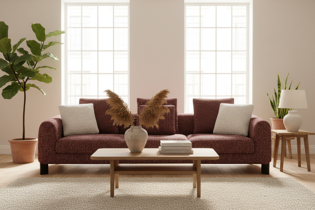 Living room with a maroon and cream sofa, coffee table, and decorative elements.