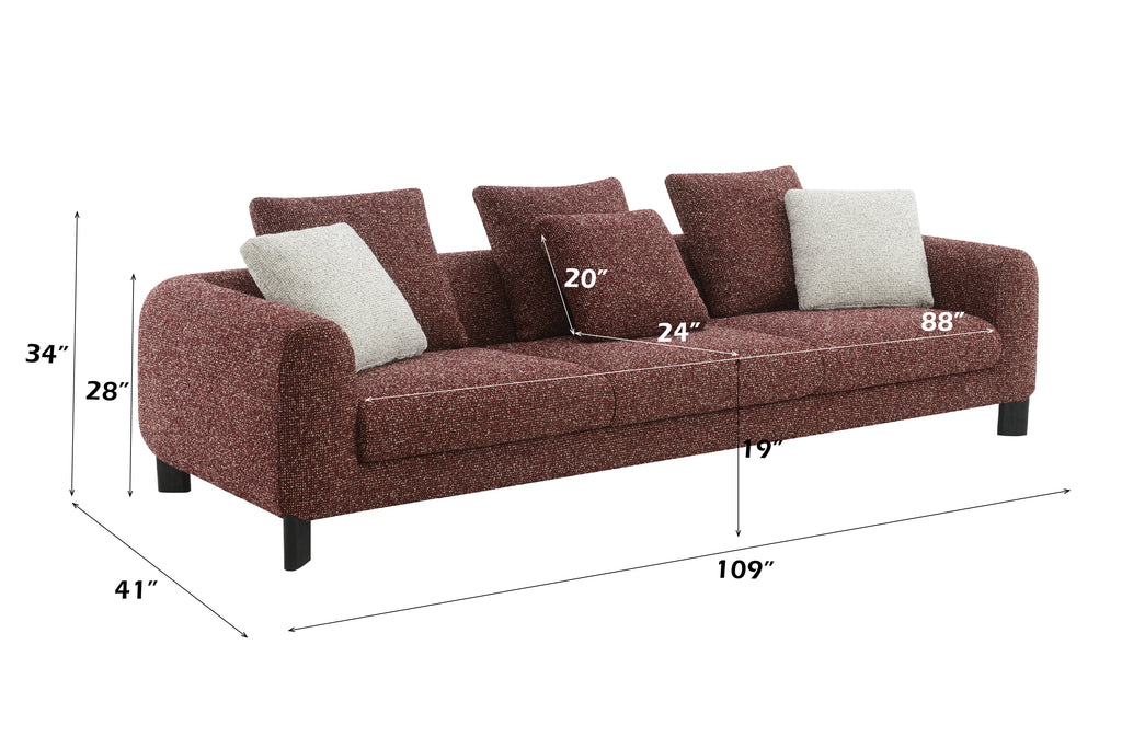 Maroon and cream sofa with dimensions labeled on a white background