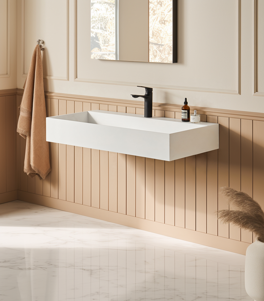 36 x 18 Solid Surface Wall Mount Rectangle Matte White Vessel Sink with Faucet Hole