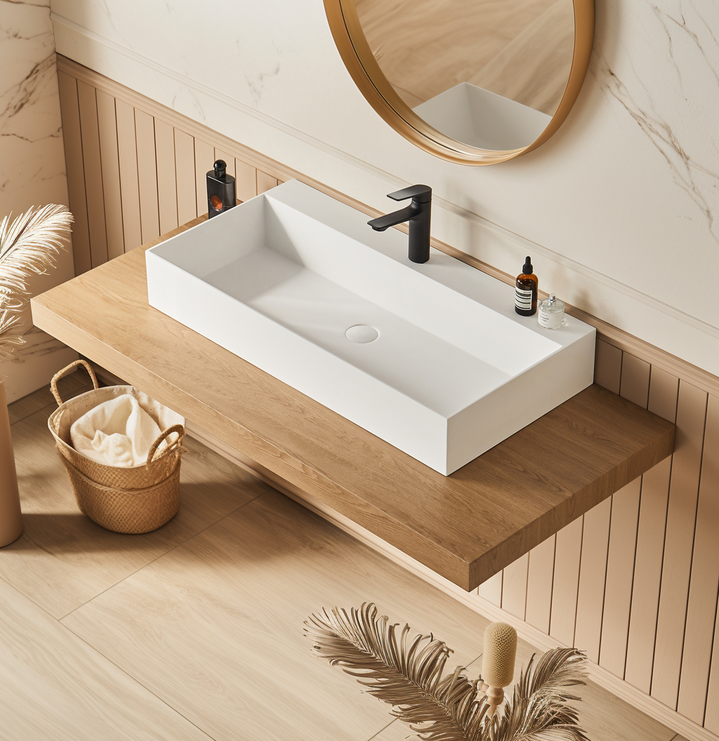 36 x 18 Solid Surface Wall Mount Rectangle Matte White Vessel Sink with Faucet Hole