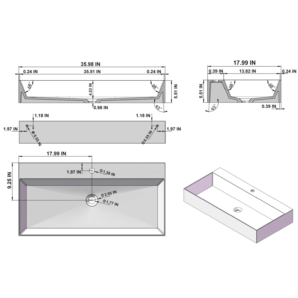 36 x 18 Solid Surface Wall Mount Rectangle Matte White Vessel Sink with Faucet Hole