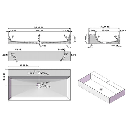 36 x 18 Solid Surface Wall Mount Rectangle Matte White Vessel Sink with Faucet Hole