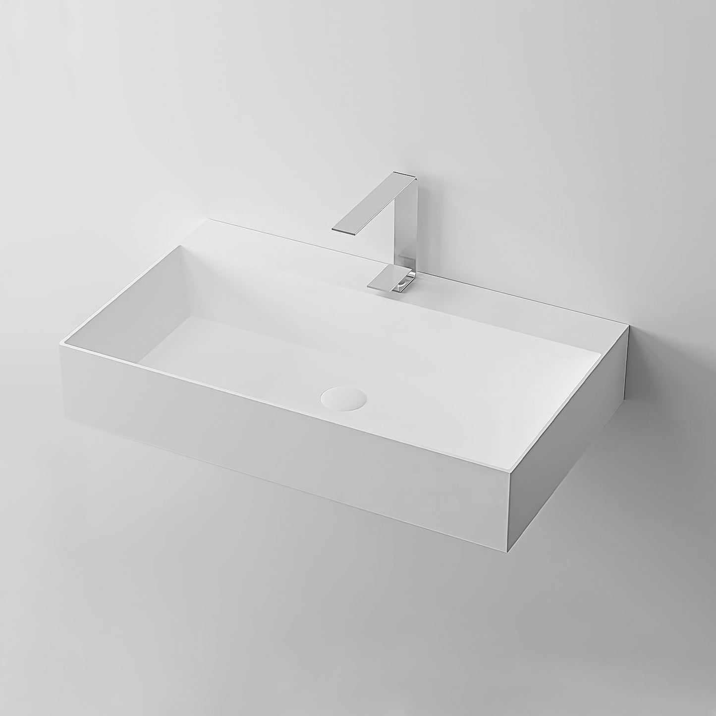 36 x 18 Solid Surface Wall Mount Rectangle Matte White Vessel Sink with Faucet Hole