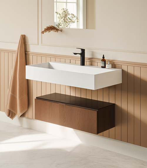 Matte White Solid Surface Rectangle Wall Mount Sink, 36x18.