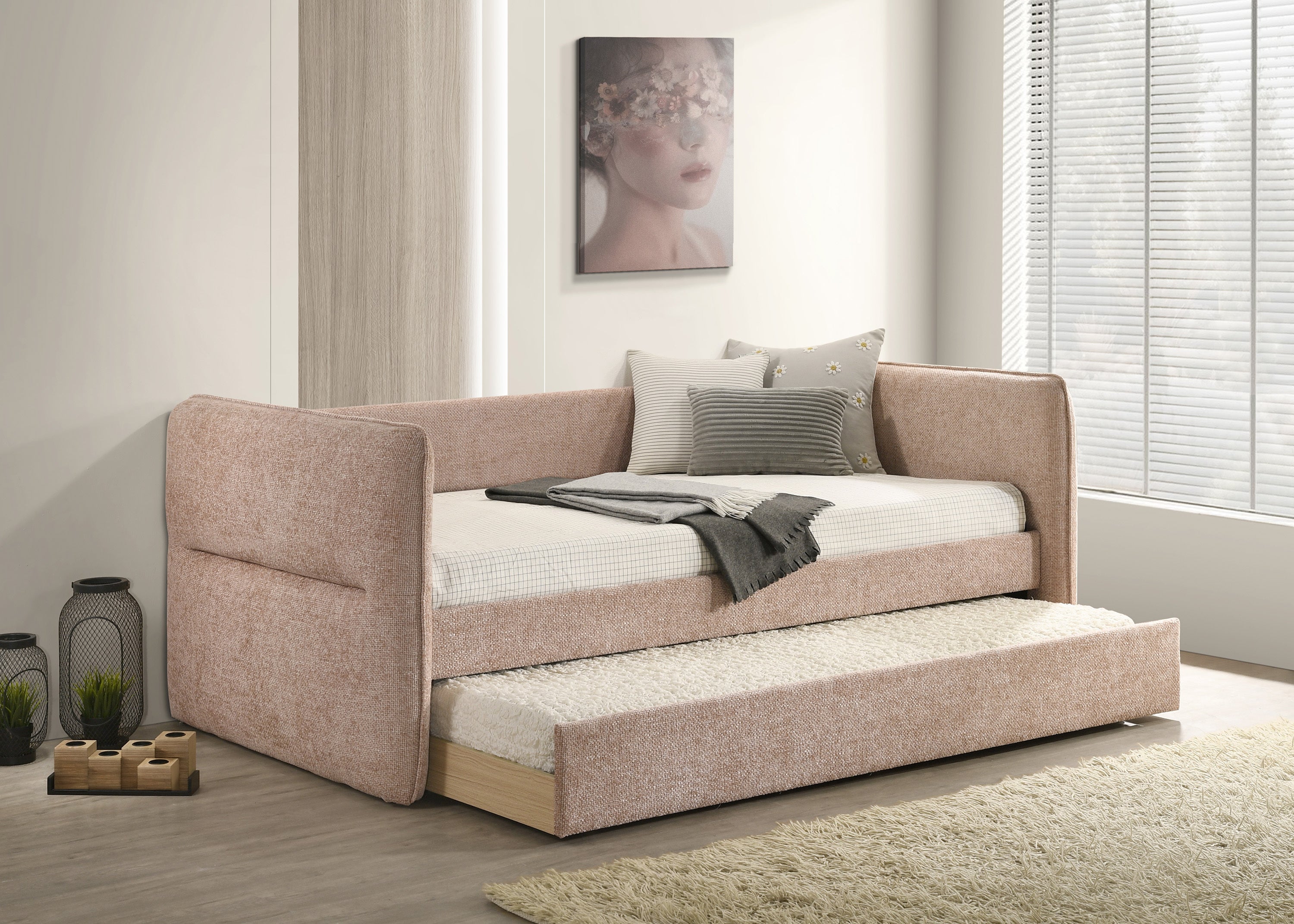Luxurious 1pc Modern Daybed Pull Out Trundle Button Tufted Nailhead Trim Bedroom Living Room Furniture Mauve Finish