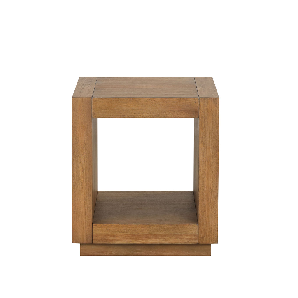 Square End Table Plinth Base Open Bottom shelf Contemporary Medium Oak Finish Primary Living Room End Table