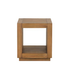 Square End Table Plinth Base Open Bottom shelf Contemporary Medium Oak Finish Primary Living Room End Table